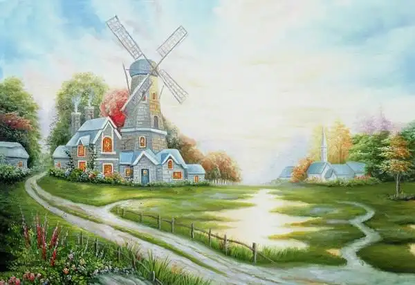 油画里之中的风车美图水彩的颜色