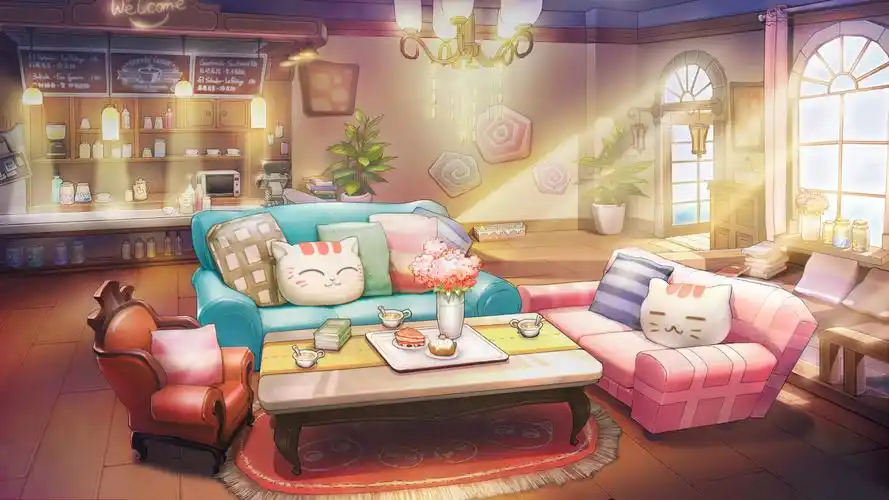 日系少女风甜品店场景原画带ui粉白色系