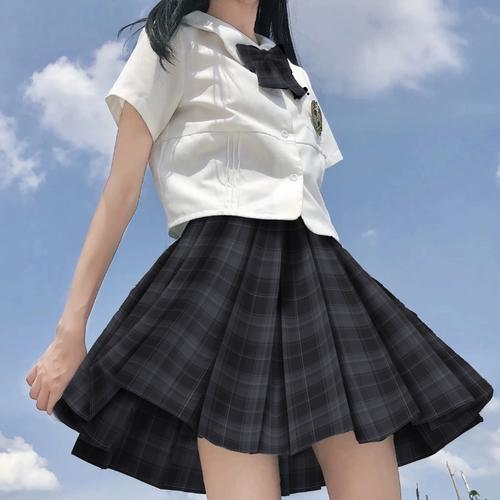 逍遥游原创正版jk制服校供日系黑格裙女高腰半身短格裙灰崎