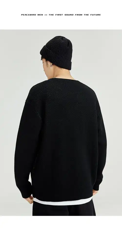 太平鸟男装春季新款圆领套头黑色毛衣男潮黑色s