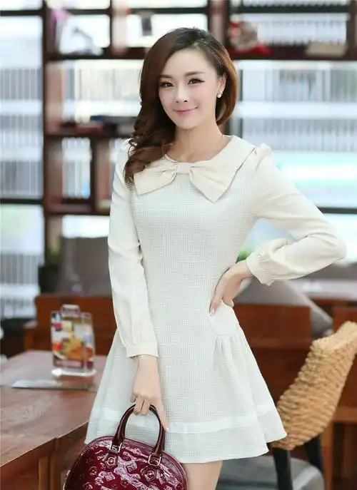 2014新品春装女式ol通勤长袖连衣裙女装修身千鸟格春