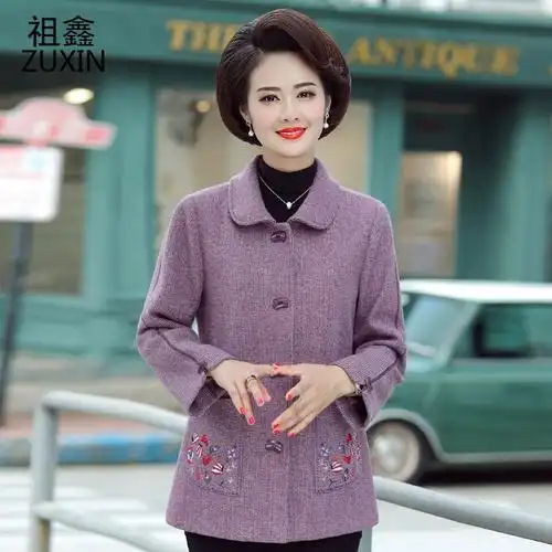 祖鑫妈妈装秋装外套中年女上衣2019新款中老年人春秋女装长袖毛呢套装