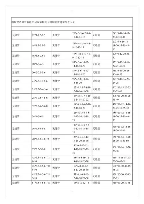无缝钢管规格表