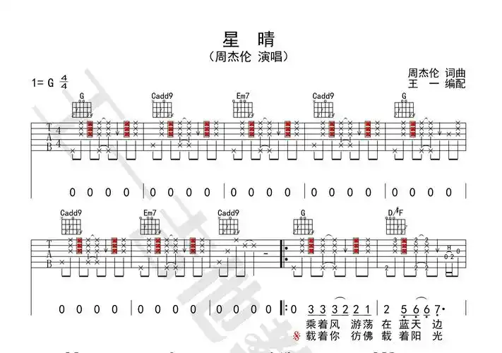 星晴吉他谱(图片谱,王一吉他,正版,弹唱)_周杰伦(jay chou)