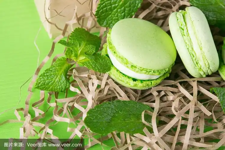 绿色的背景来自美味的甜点马卡龙,带有薄荷叶