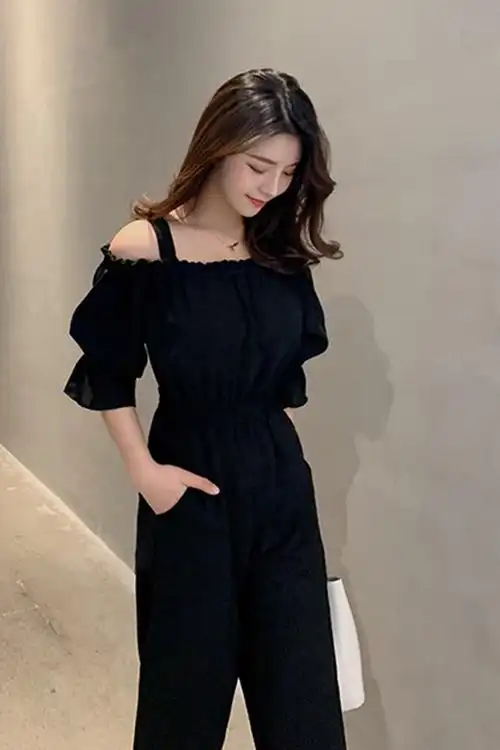 新款韩版吊带连体裤女一字肩坠感宽松直筒高腰显瘦阔腿连衣裤子夏