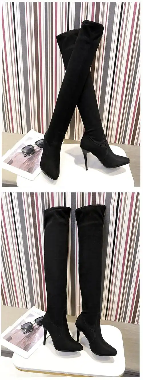 过膝长筒靴高跟秋天秋冬尖头长桶超长靴女细跟弹力靴瘦瘦靴性感 黑色