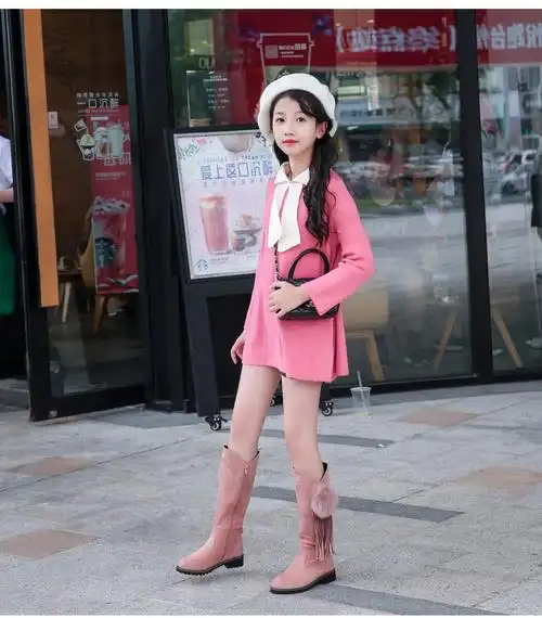 穿的儿童靴子女童长筒靴冬季长靴新款中大童加绒真毛球过膝长靴小学生