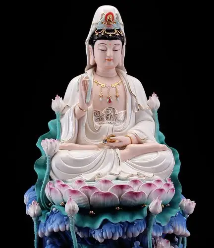 德化陶瓷坐莲观世音菩萨佛像镇宅供奉19寸九品莲花满彩摆件工艺品