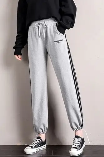 2020春夏纯棉新款学生宽松束脚运动裤女秋季条纹休闲裤子韩版