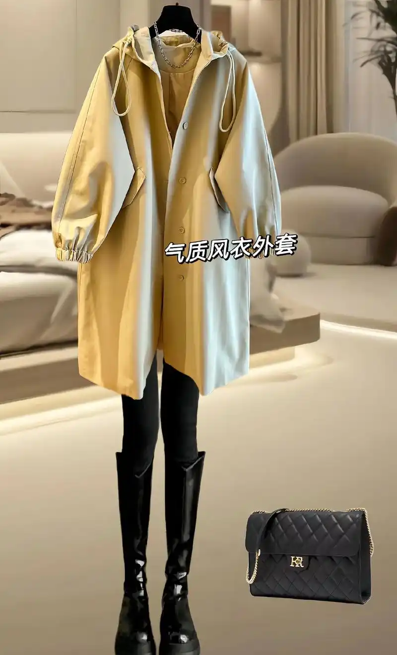 春天就要穿风衣呀!姐妹们!早春新款连帽中长款风衣外套来啦!这 - 抖音
