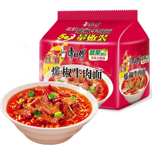 康师傅经典红油爆椒牛肉方便面102g5包整箱装装泡面速食品学生宿舍