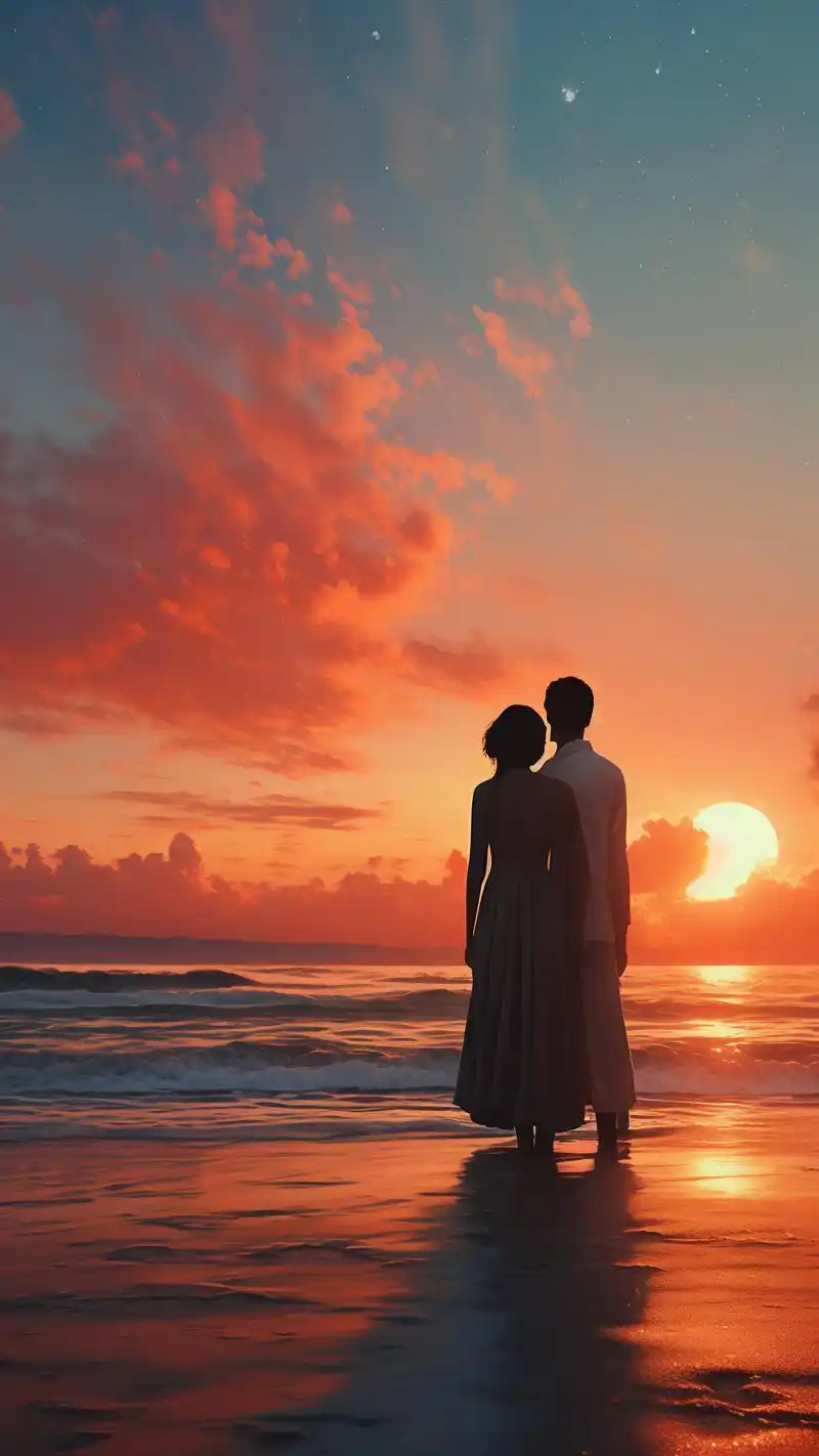 93海边日落下的情侣背影壁纸99 想象一下,在金色的日落余晖中,一