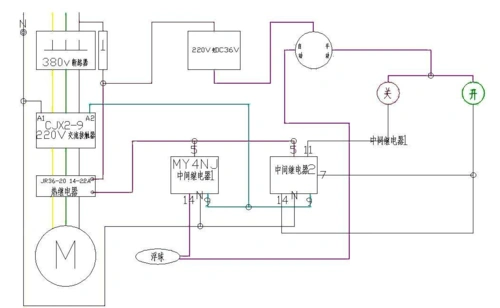 用中间继电器与浮球开关控制自动排污泵接线图