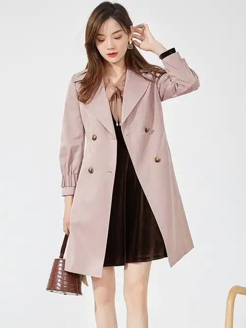 outlets品牌折扣wz春装正品撤柜女装纯色简约双排扣长款风衣外套