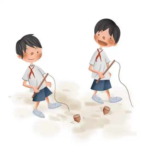 手绘卡通正在玩打陀螺的小孩童年回忆儿童游戏图片免抠素材