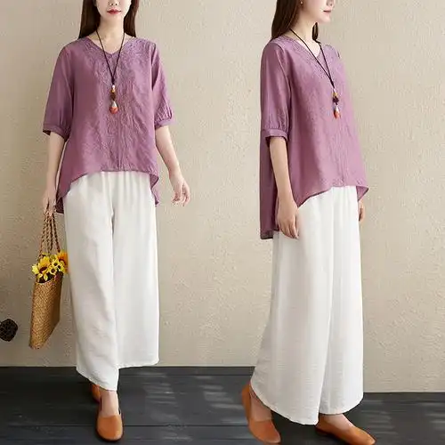 棉麻女装复古原创套装2020夏装新款减龄宽松时尚套装