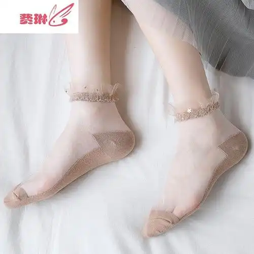 玻璃丝袜女 星星月亮蕾丝花边日系透明隐形水晶丝棉底短袜女潮ins