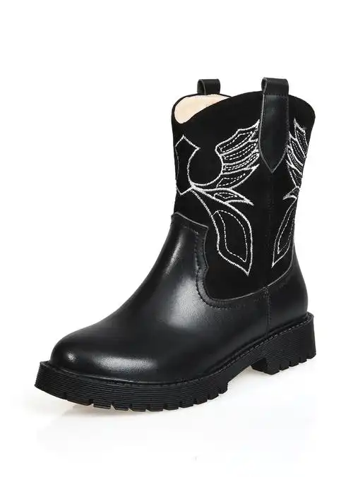 妃萌丝牛皮拼接低跟短靴