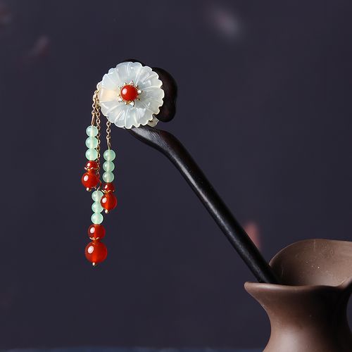 古风发簪盘发丸子头流苏步摇黑檀木岫玉花朵百搭民族风头饰木簪子
