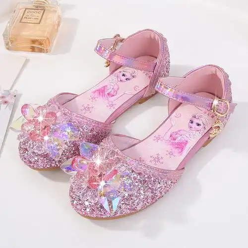 爱莎公主鞋夏季新款时尚女童凉鞋儿童软底亮片水晶鞋包头平底跟鞋