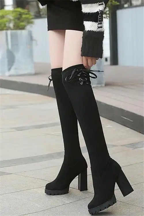 2020秋冬新款粗跟过膝长靴高跟鞋瘦腿弹力皮靴防水台长筒靴女靴子