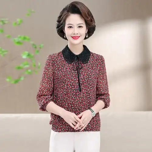 妈妈装春装时尚长袖雪纺小衫中老年女装4060岁女士休闲花色婆婆上衣薄