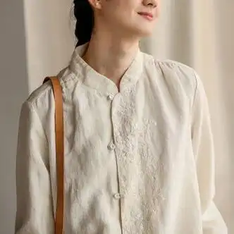 绿野客茶服女禅服女中式女装上衣棉麻刺绣衬衫外套禅意茶服文艺复古