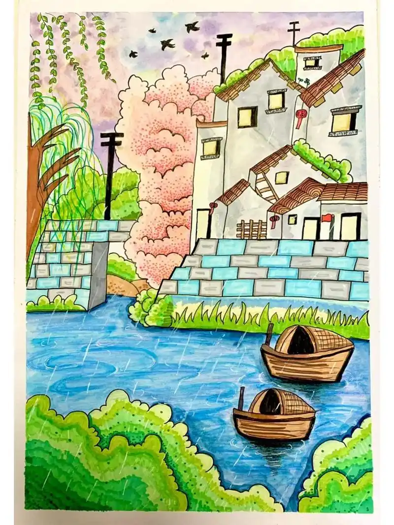 古诗配画--《春夜喜雨》10岁孩子作品