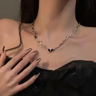 goyn施华洛世奇皓不掉色钛钢项链女夏黑色锆石蝴蝶锁骨链甜酷网红名媛