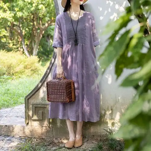 非实拍原创抽褶苎麻显瘦显白夏装连衣裙文艺棉麻女装通勤裙子