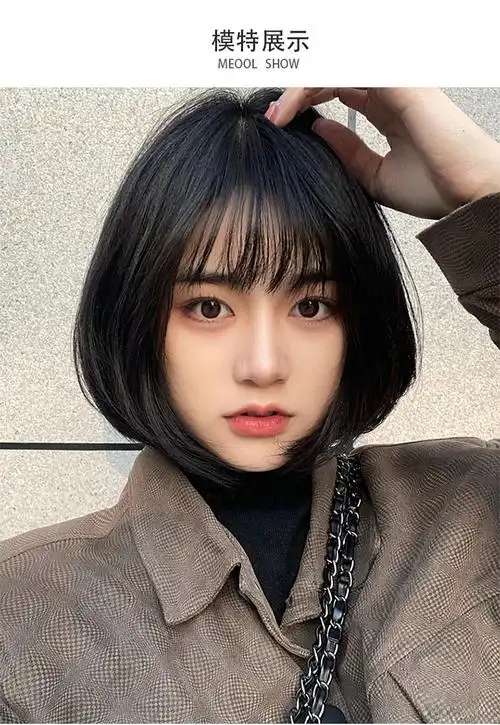 假发女短发自然少女真人发丝时尚洋气短发造型圆脸波波头全头套式