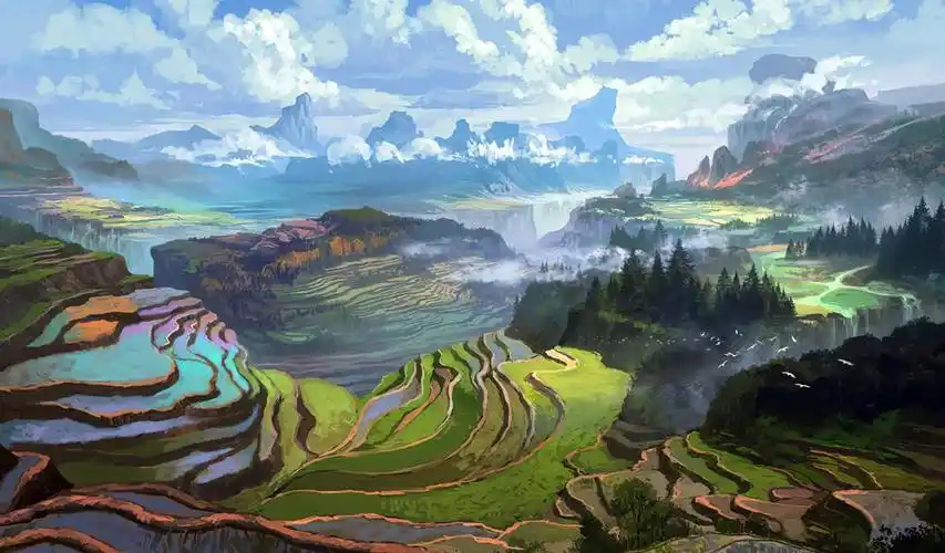 动漫场景梯田油高清桌面壁纸