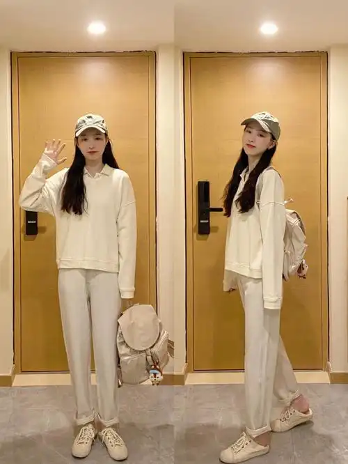 ootd奶油色卫衣不易皱的米白长裤