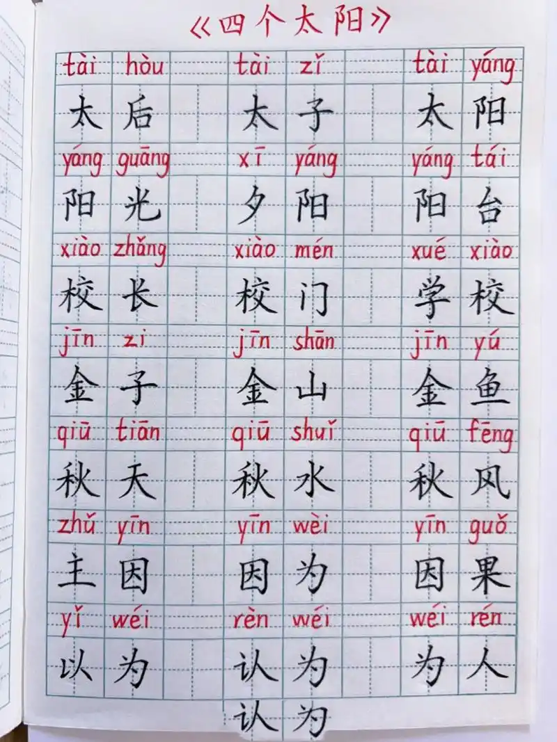 一年级语文下册《四个太阳》生字组词默写 太:独体字,撇短捺长.