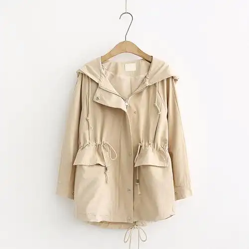 韩版纯色松开女宽外套风衣休闲风休闲绳带秋装风衣