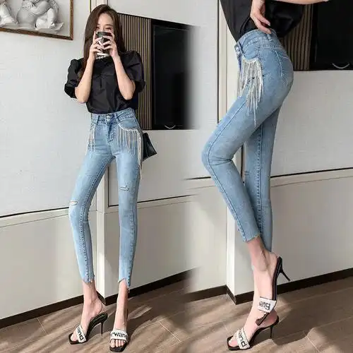 高腰牛仔裤女2022新款春秋季重工chic韩