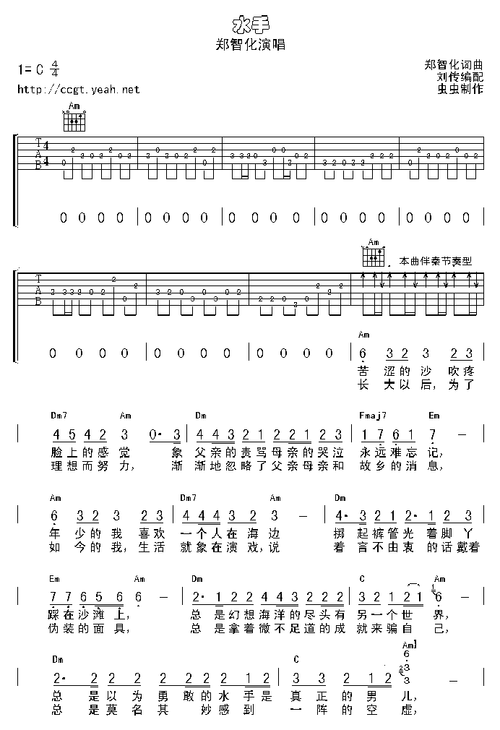 《水手吉他谱》_郑智化_低音前奏_c调_吉他图片谱2张