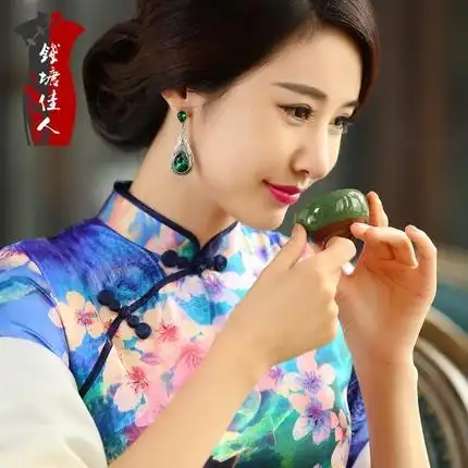 钱塘佳人真丝旗袍春秋款手工盘扣七分袖双层旗袍紫色礼服连衣裙