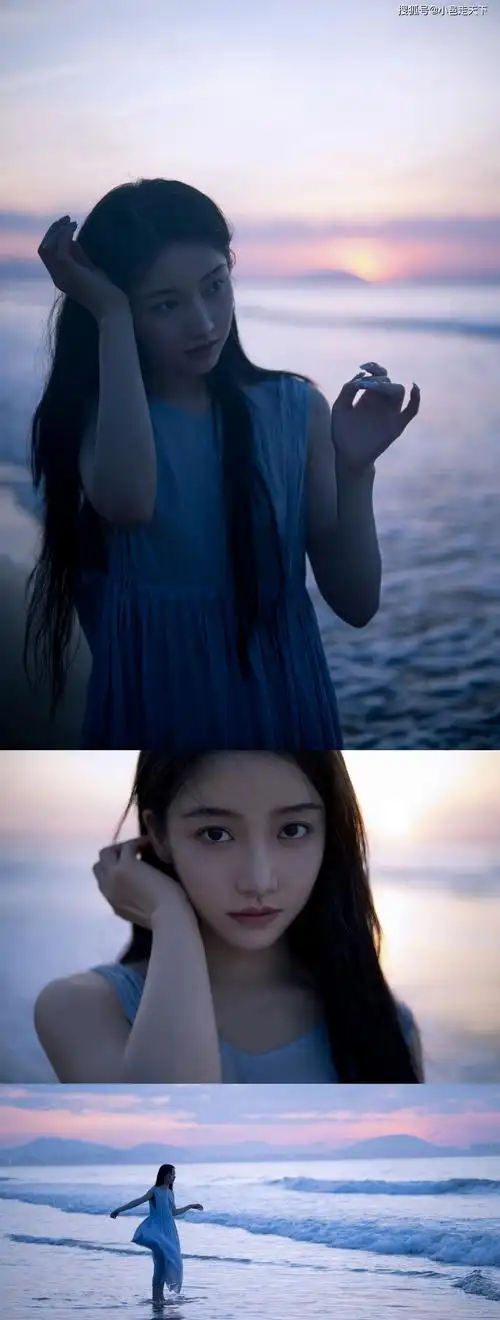 姜贞羽浅蓝色连衣裙海边写真