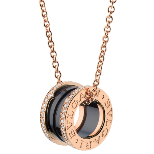 bvlgari宝格丽项链男女同款18k玫瑰色金搭配黑色陶瓷边缘镶钻项链年货