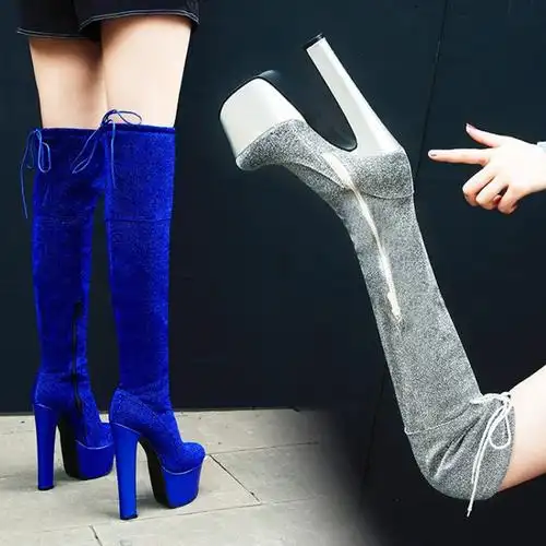 防水台粗跟超高跟过膝靴弹力靴女靴外贸大码40-43 44 45 46长筒靴