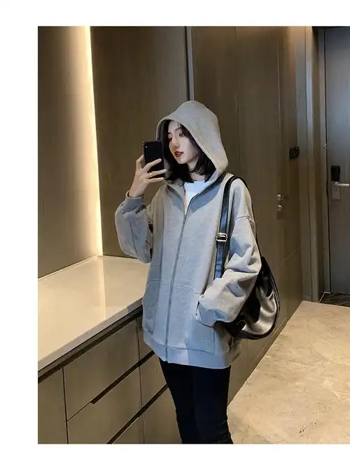 连帽加绒卫衣女宽松2021韩版休闲开衫拉链外套帽衫 黑色 抓绒现货 s