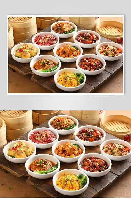 多种美味白色小碗蒸菜图片