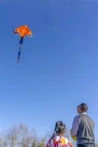 2月21日,在银川花博园广场上,家长带着孩子正在放风筝.