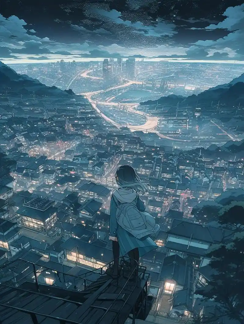 ai绘画之宏大夜景 关键词:pov视图,一个日本动画画的夜景俯瞰城市的