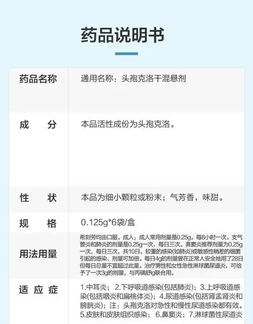 希刻劳头孢克洛干混悬剂6袋儿童成人小儿小孩消炎药抗生素尿路感染耳
