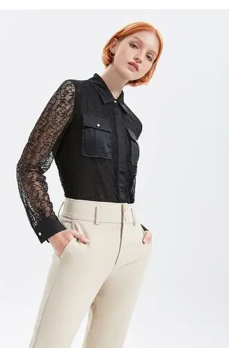 five plus新款女夏装蕾丝衬衫女长袖宽松衬衣薄翻领棉质洋气 黑色090