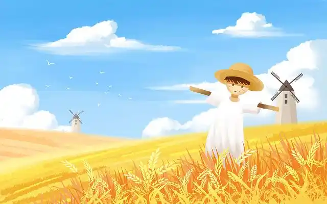 卡通芒种插画手绘节气背景麦田风景夏天收获谷物丰收季节卡通芒种二十