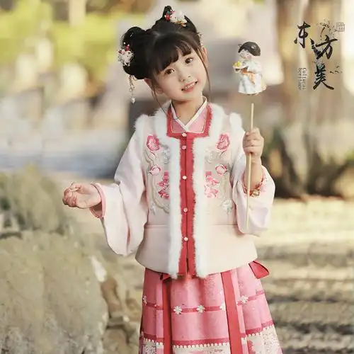 女童汉服冬季加绒加厚明制马面裙套装儿童小女孩高端中国风拜年服